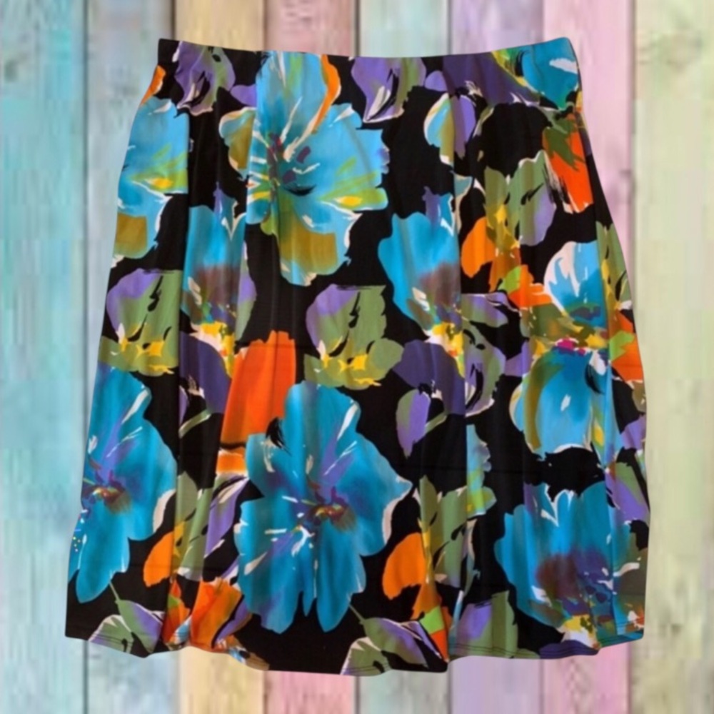 Csc Studio Black Blue Floral Elastic Waist Skirt